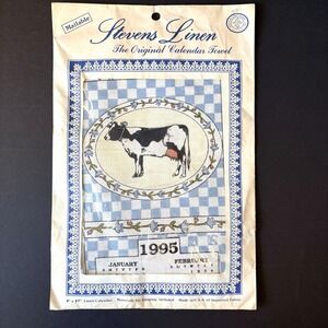Vintage 1995 Calendar Cow Stevens Linen Towel Hanging Blue White Check USA Made